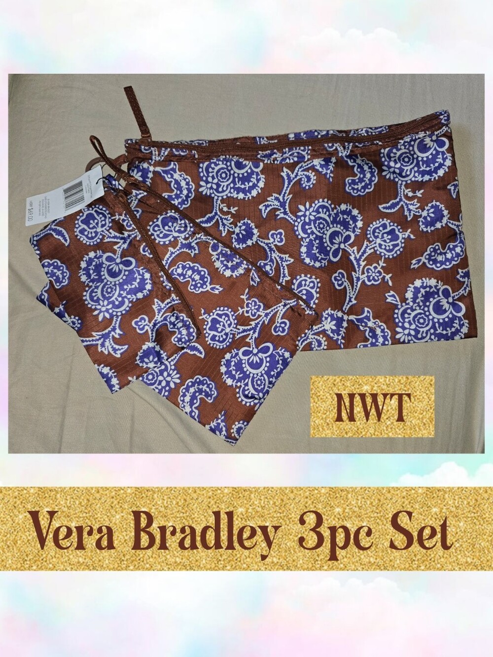Vera Bradley Brown & Blue Floral 3-Piece Pouch Set